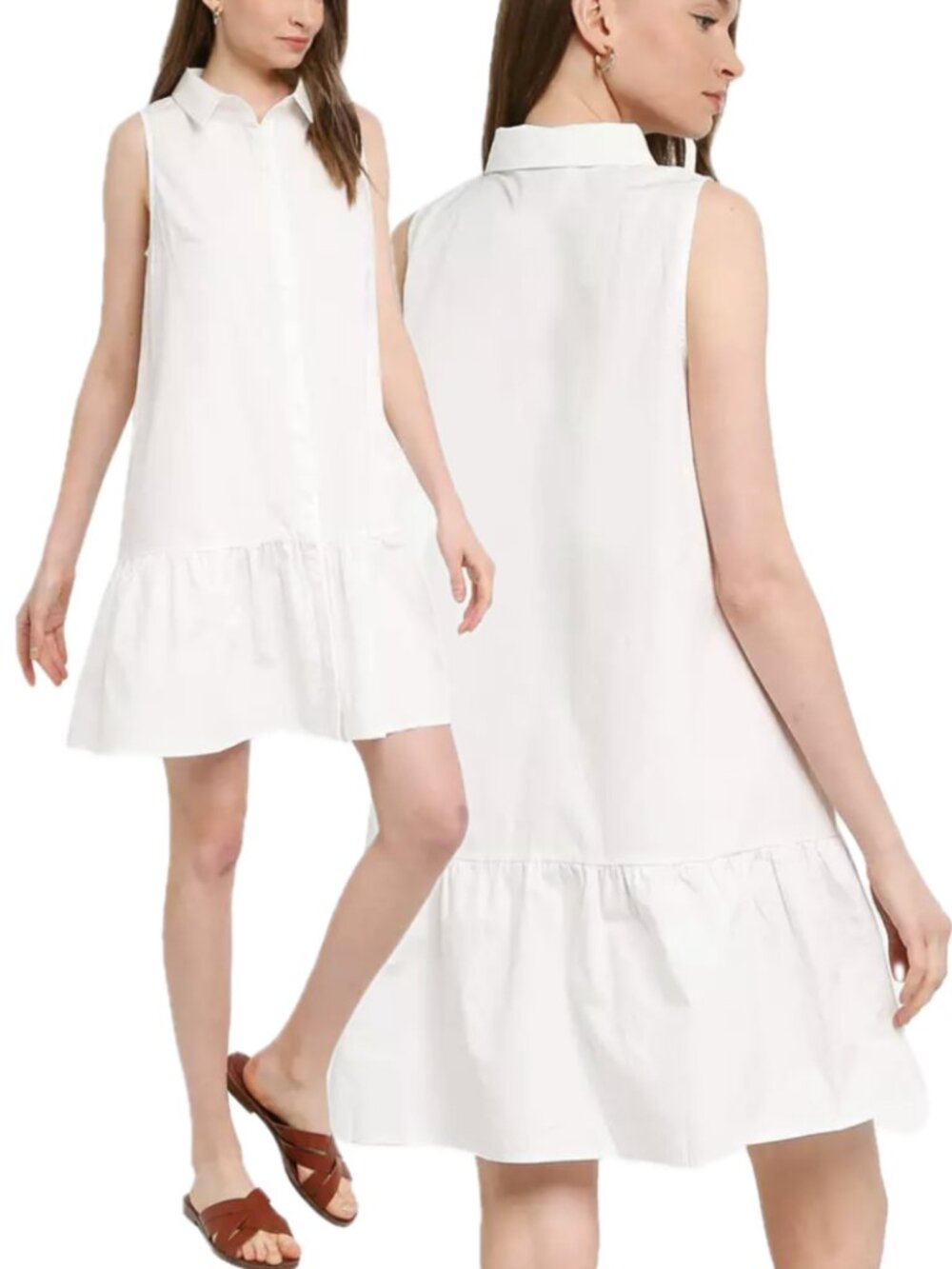 GAP Cotton Sleeveless Button-Down Ruffle-Hem Shirt Dress With Pockets (White)